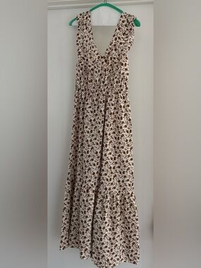 Lush Cream Maxi Dress with Brown Floral Print